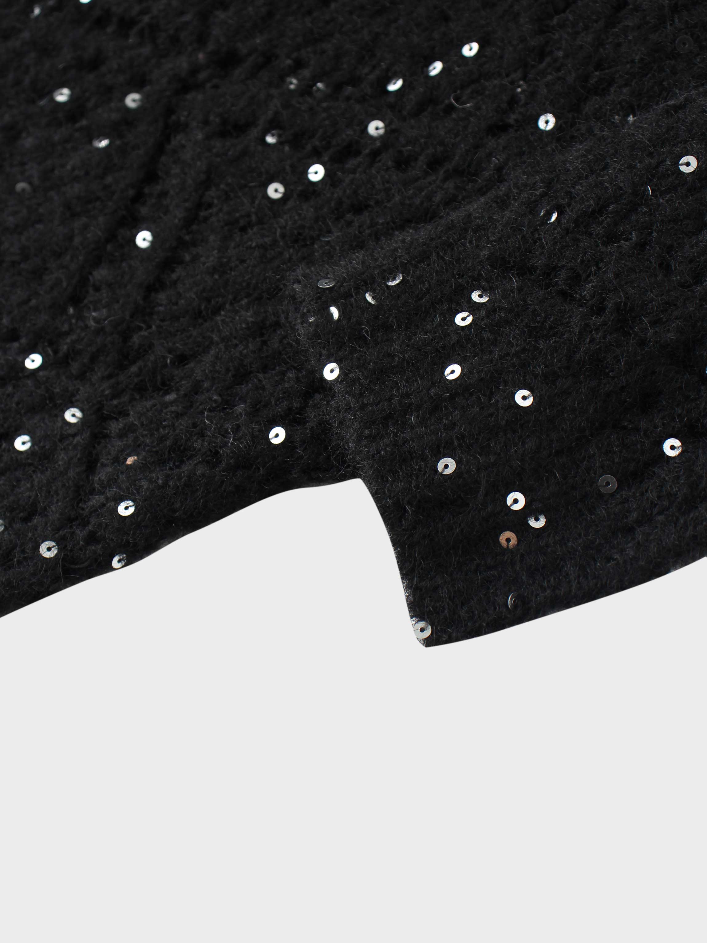 Open Crochet Knit Sequin Sweater-Black