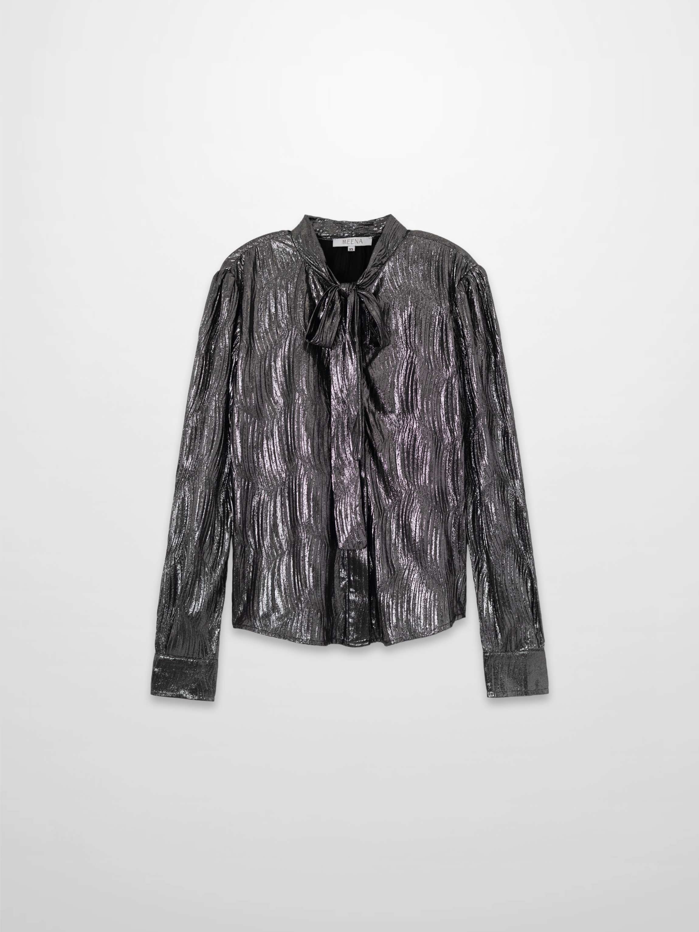 Shimmer Texture Bow Blouse-Black/Silver