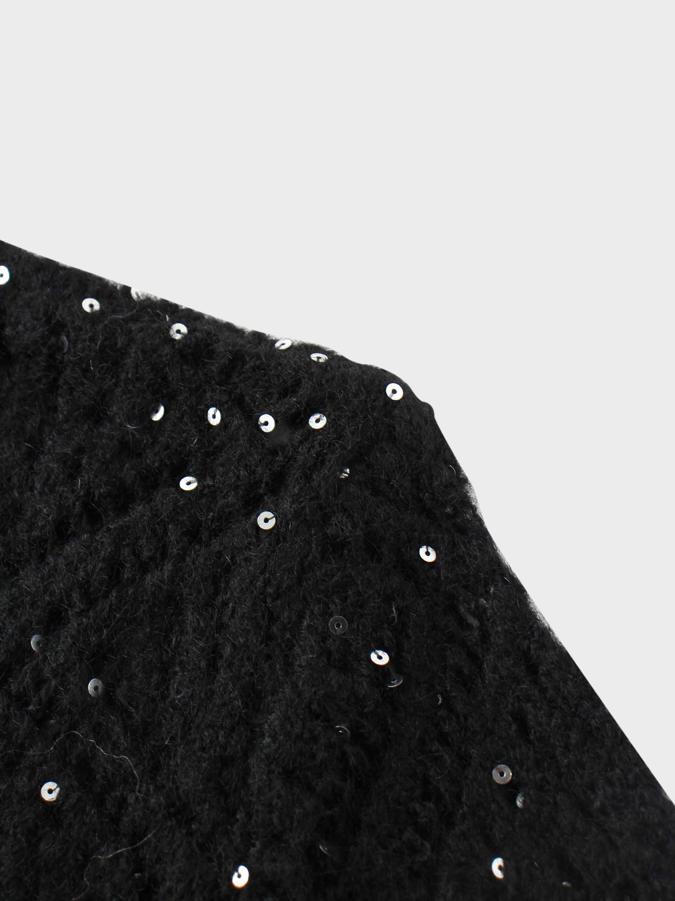 Open Crochet Knit Sequin Sweater-Black