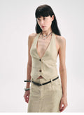 Retro Linen V-neck Halter Vest and Fishtail Hip Skirt Set"Old Money Weekly"