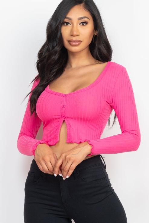 Ribbed Button Front Split Long Sleeve Top (CAPELLA)