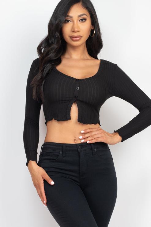 Ribbed Button Front Split Long Sleeve Top (CAPELLA)