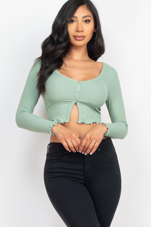 Ribbed Button Front Split Long Sleeve Top (CAPELLA)