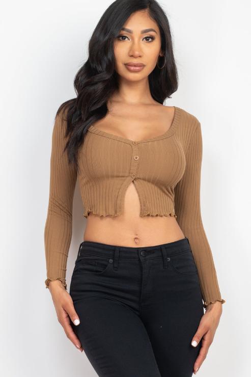 Ribbed Button Front Split Long Sleeve Top (CAPELLA)