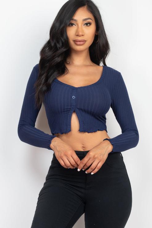 Ribbed Button Front Split Long Sleeve Top (CAPELLA)