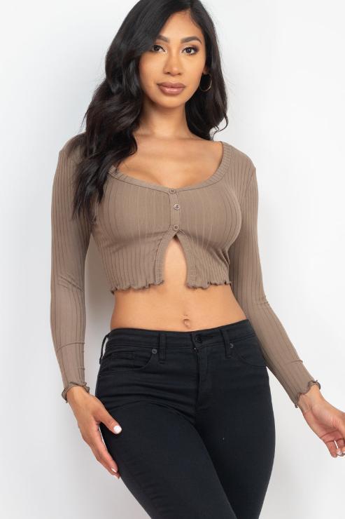 Ribbed Button Front Split Long Sleeve Top (CAPELLA)