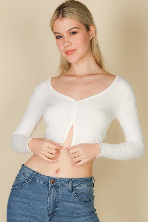 Ribbed Button Front Split Long Sleeve Top (CAPELLA)