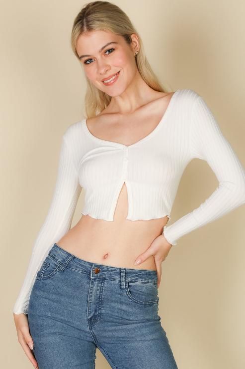 Ribbed Button Front Split Long Sleeve Top (CAPELLA)