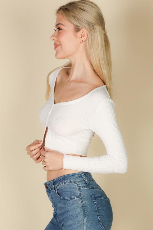 Ribbed Button Front Split Long Sleeve Top (CAPELLA)