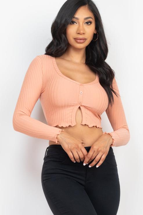 Ribbed Button Front Split Long Sleeve Top (CAPELLA)