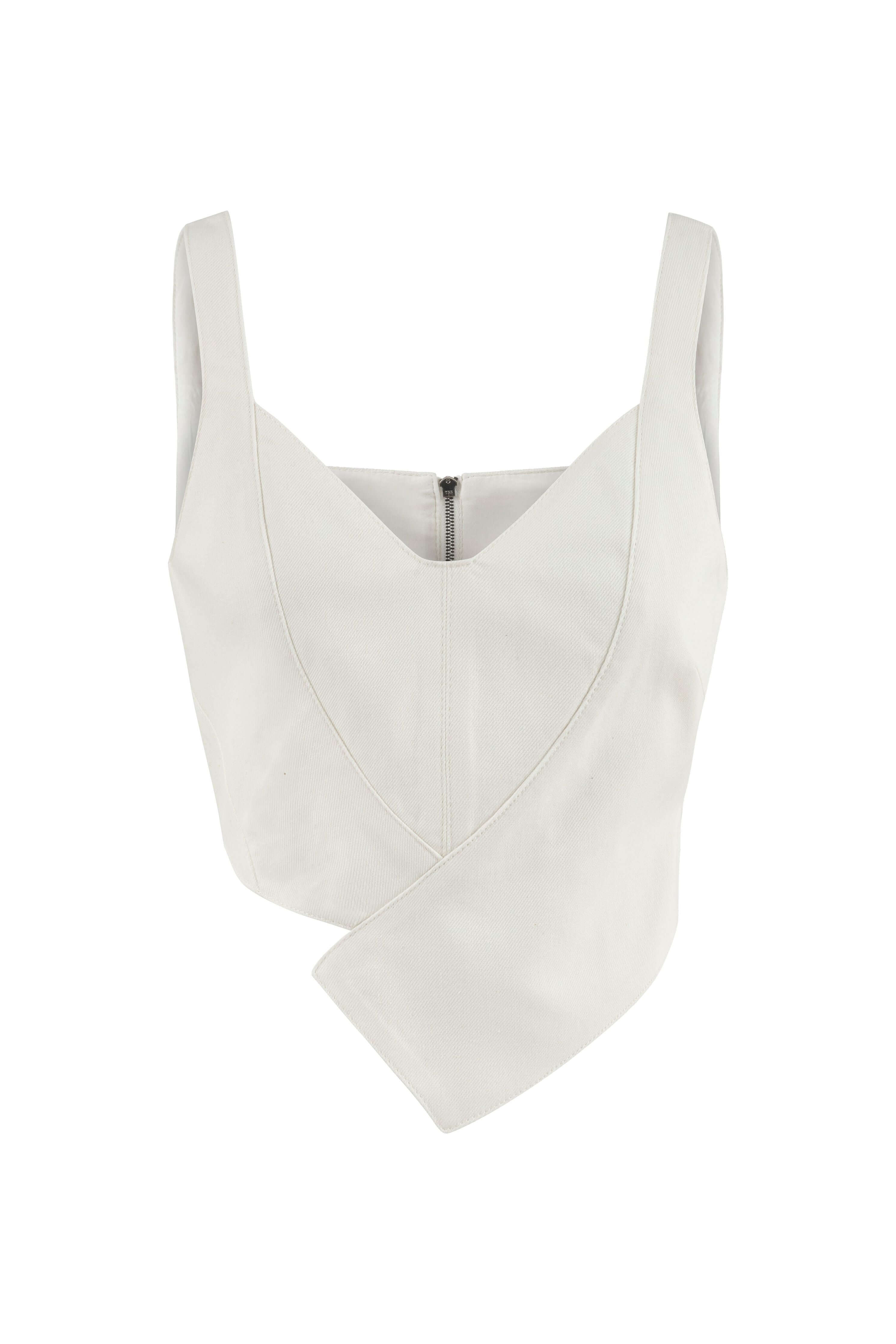 JENDUE Ron Crop Denim Top - Stylish White Asymmetrical Top