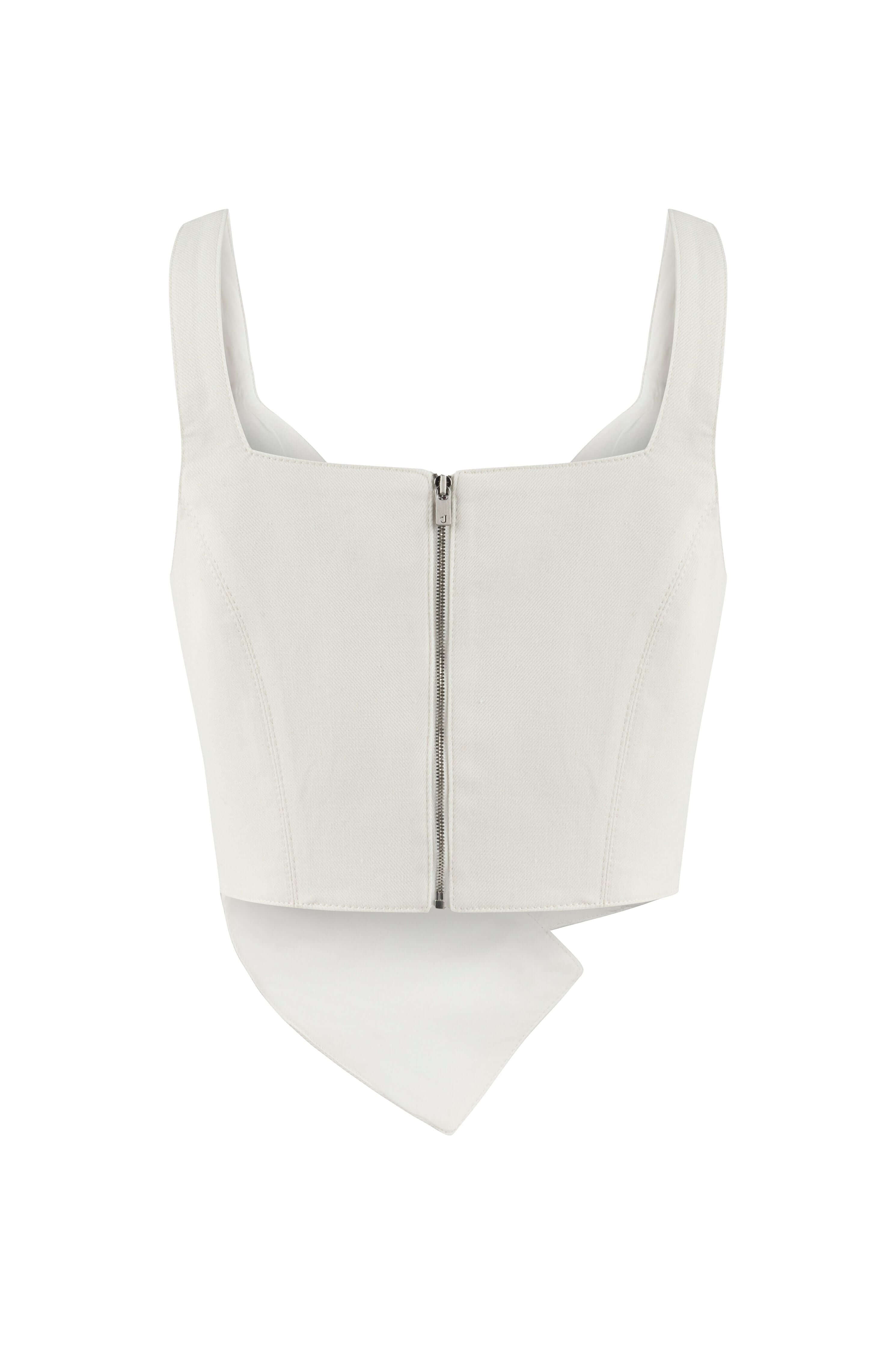 JENDUE Ron Crop Denim Top - Stylish White Asymmetrical Top