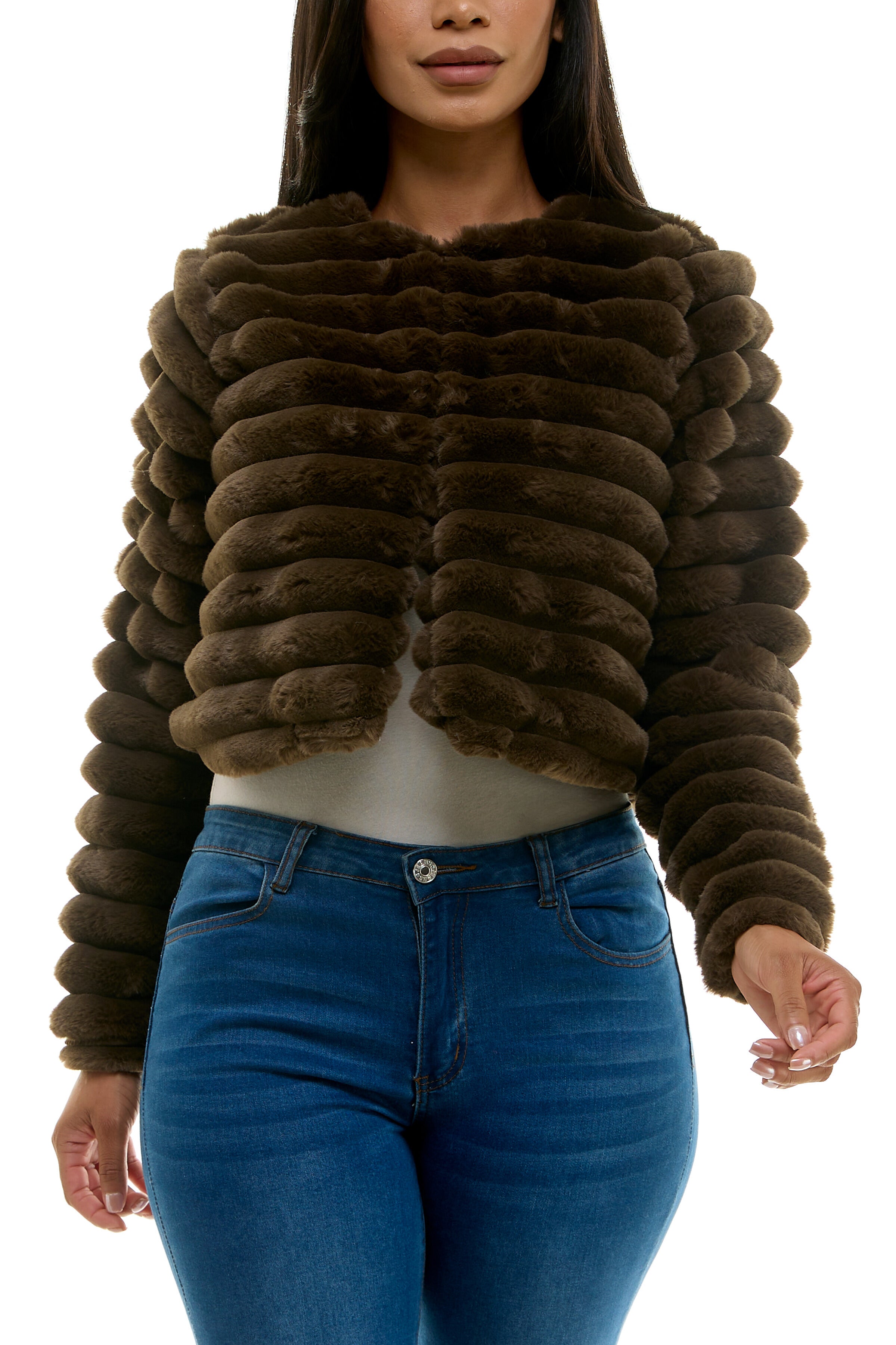 Nina Leonard Round Neckline Long Sleeves Ribbed Channeled Texture Faux Fur Cropped Coat Jacket