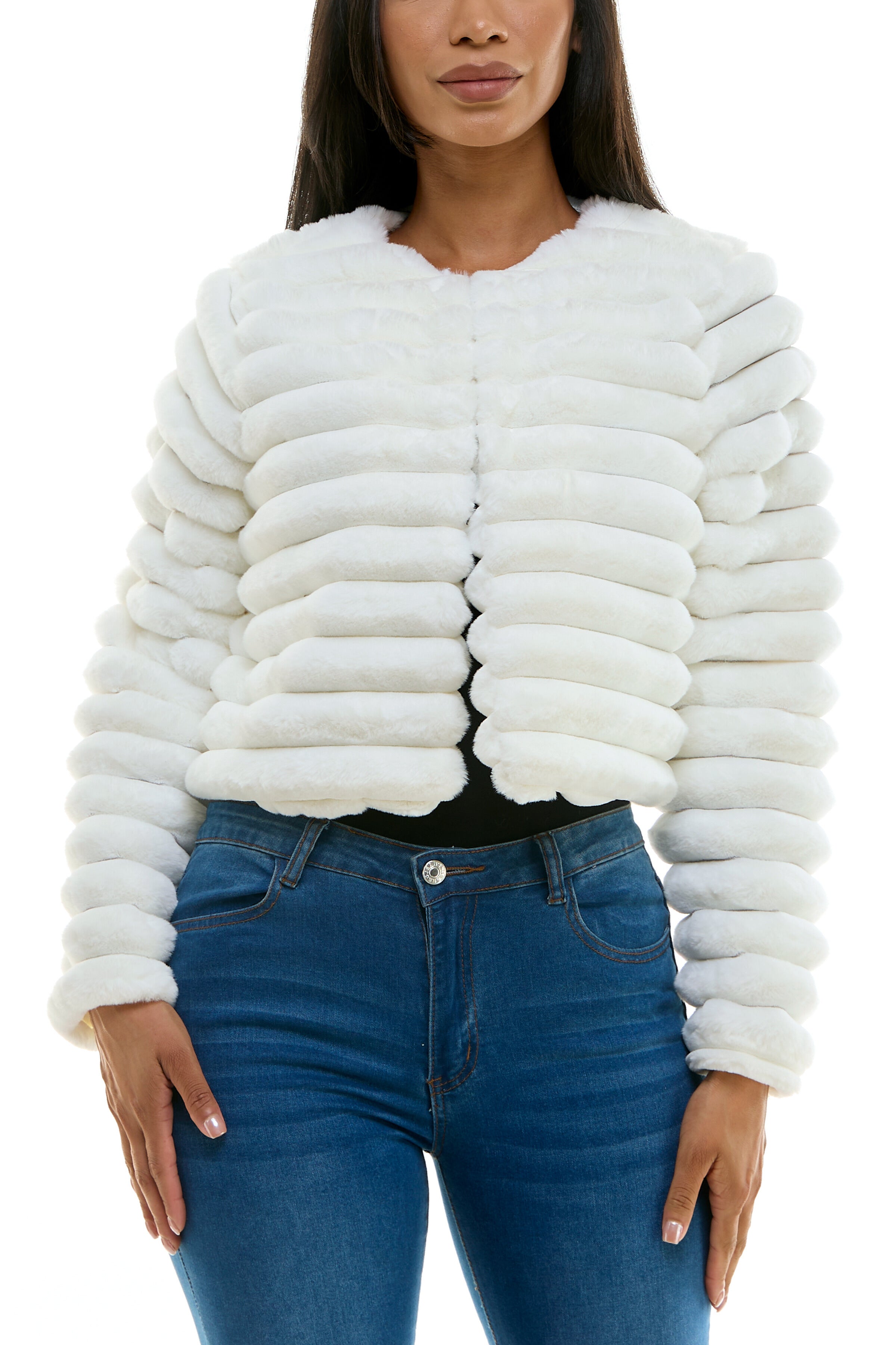 Nina Leonard Round Neckline Long Sleeves Ribbed Channeled Texture Faux Fur Cropped Coat Jacket