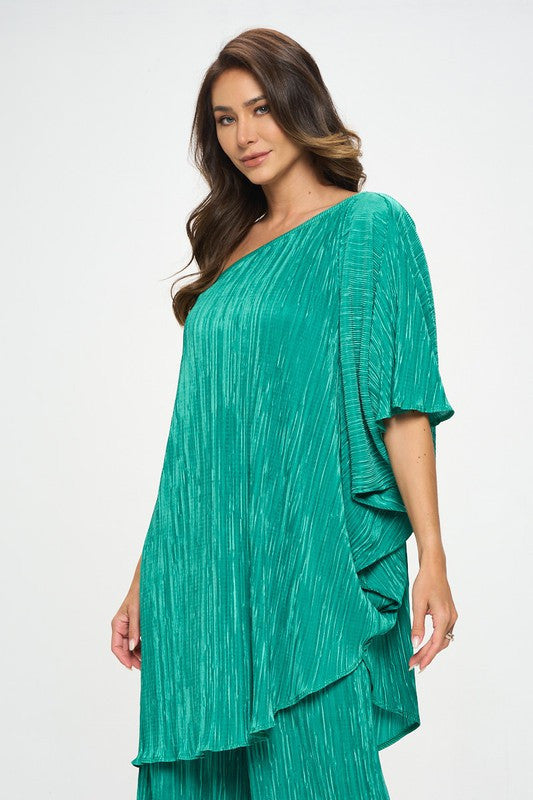 Plisse One Shoulder Draped Tunic Dress