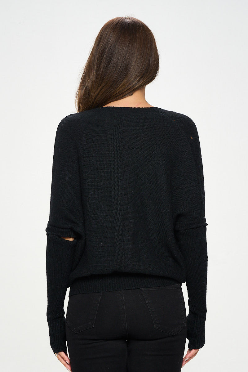 Black V neck Surplice Tunic Sweater with Sleeve Detail