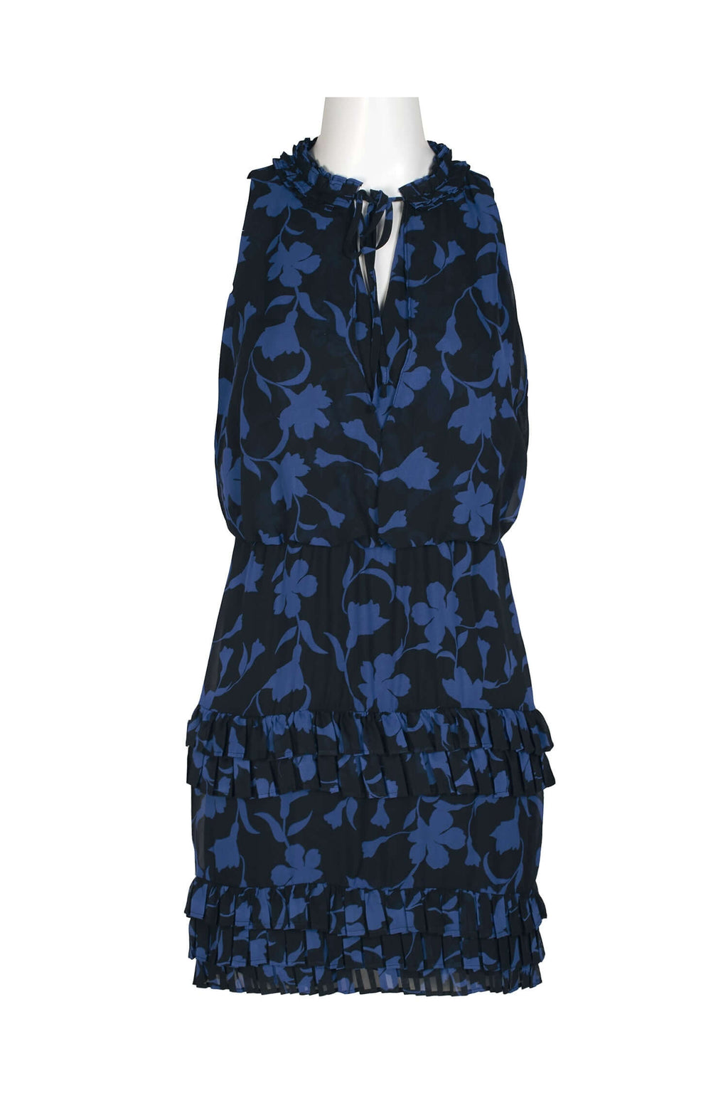 Laundry Tie Pleated Mock Neck Blouson Tiered Hem Zipper Back Floral Print Chiffon Dress