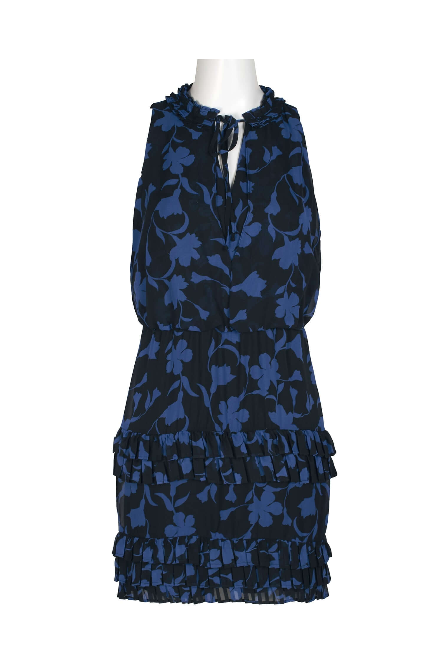 Laundry Tie Pleated Mock Neck Blouson Tiered Hem Zipper Back Floral Print Chiffon Dress