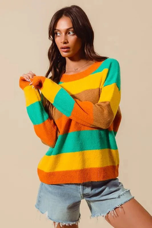 SO ME Multi Color Stripe Sweater with Ribbed Detail